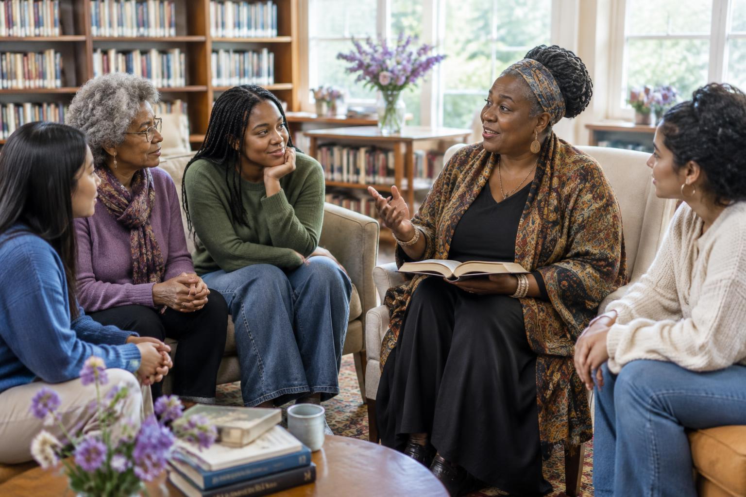 Illustrative scene of women listening and sharing stories in a reading room